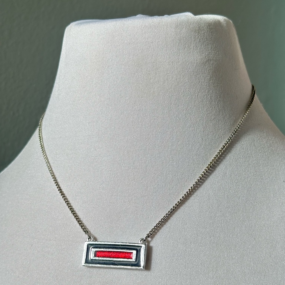 1977 Sarah Coventry Country Square Necklace Red Black Enamel Gothic Punk Emo